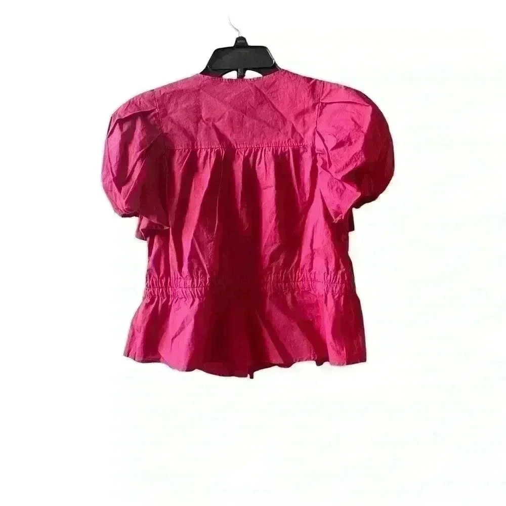 Ulla Johnson Peplum Hem Tie Magenta Puff Sleeves Cotton Blouse Size 00/0/2.